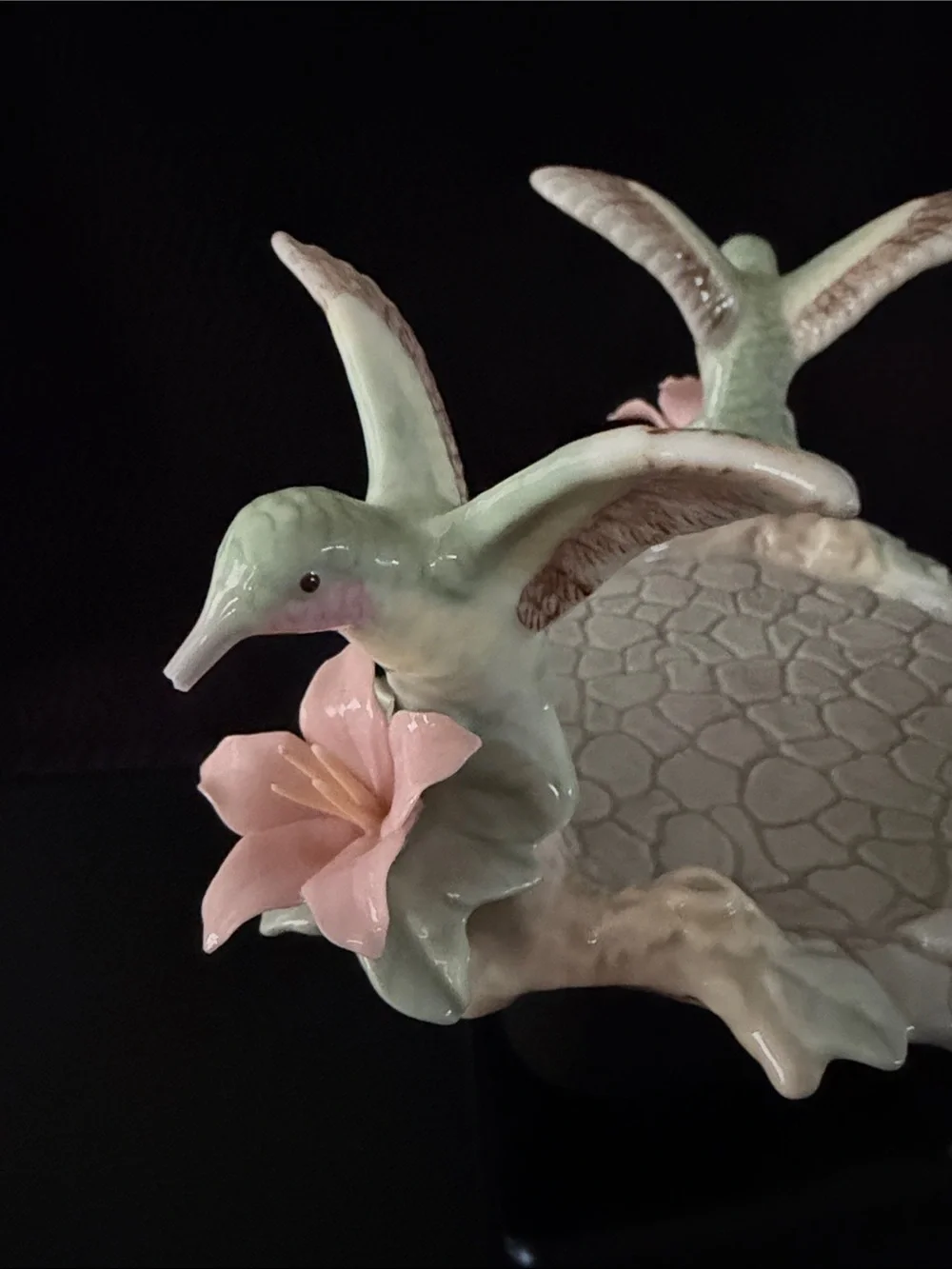 Galactika Pastel Green and Pink Porcelain Hummingbird Candle Holder/Trinket Dish
